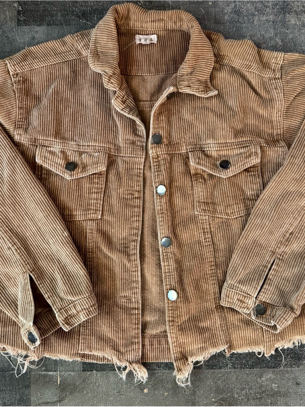Women’s POL Brown Corduroy Jean Jacket with Frayed Hem Size Small